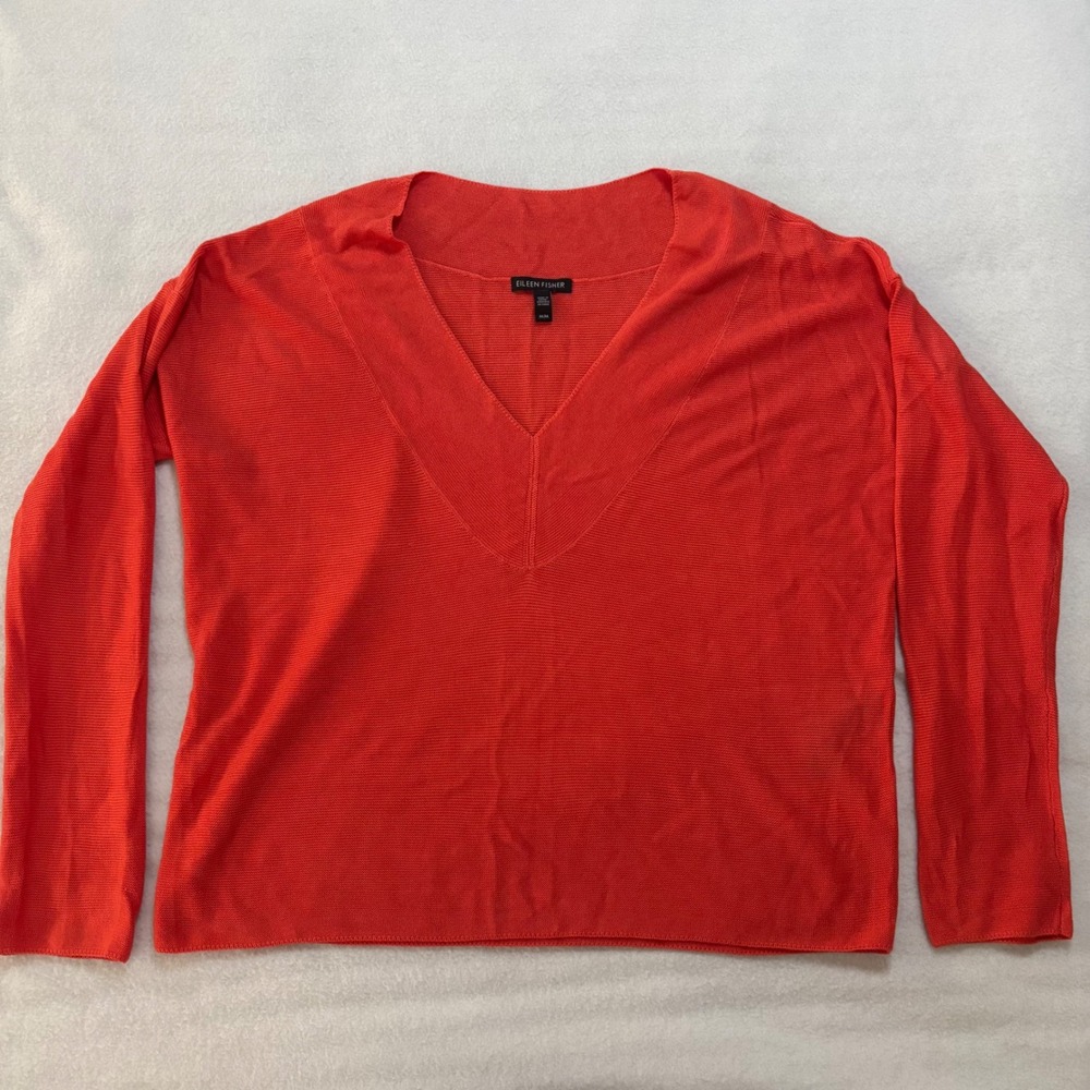 Eileen Fisher V-Neck Silk Tencel Blend Sweater Orange Red F18DAX Womens Medium